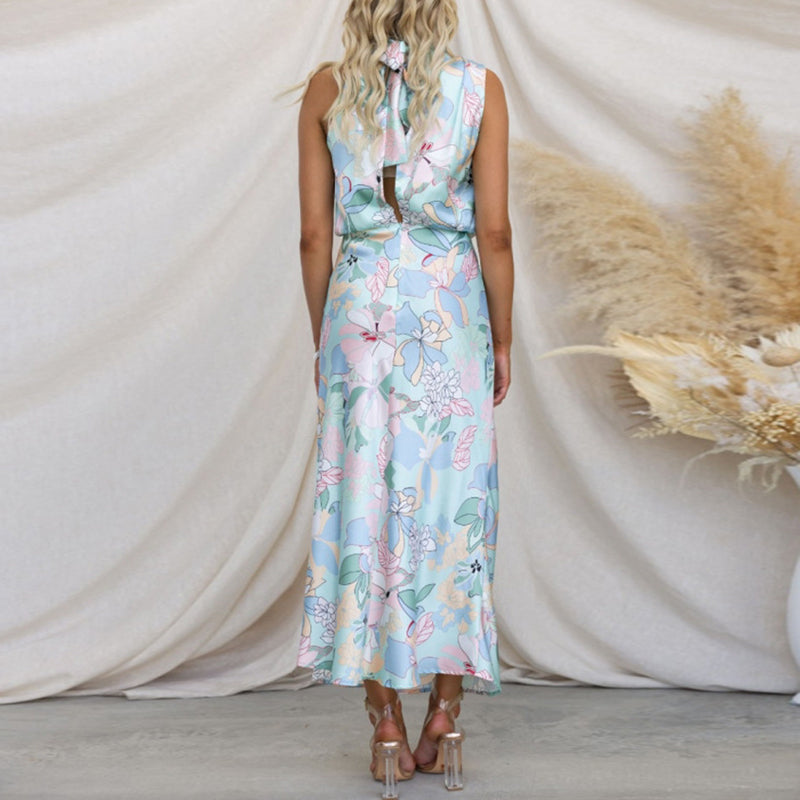 Sylvia - Elegante hochgeschlossen ärmellose bedruckte Maxikleid