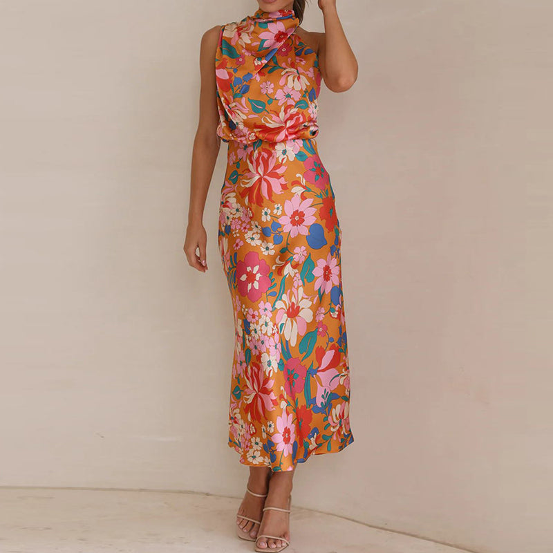 Sylvia - Elegante hochgeschlossen ärmellose bedruckte Maxikleid