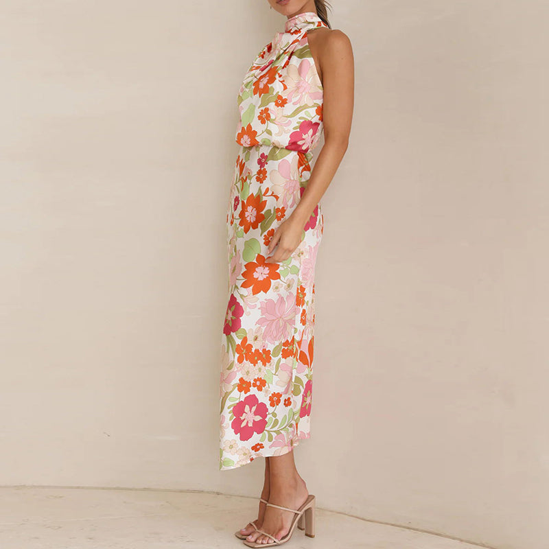 Sylvia - Elegante hochgeschlossen ärmellose bedruckte Maxikleid