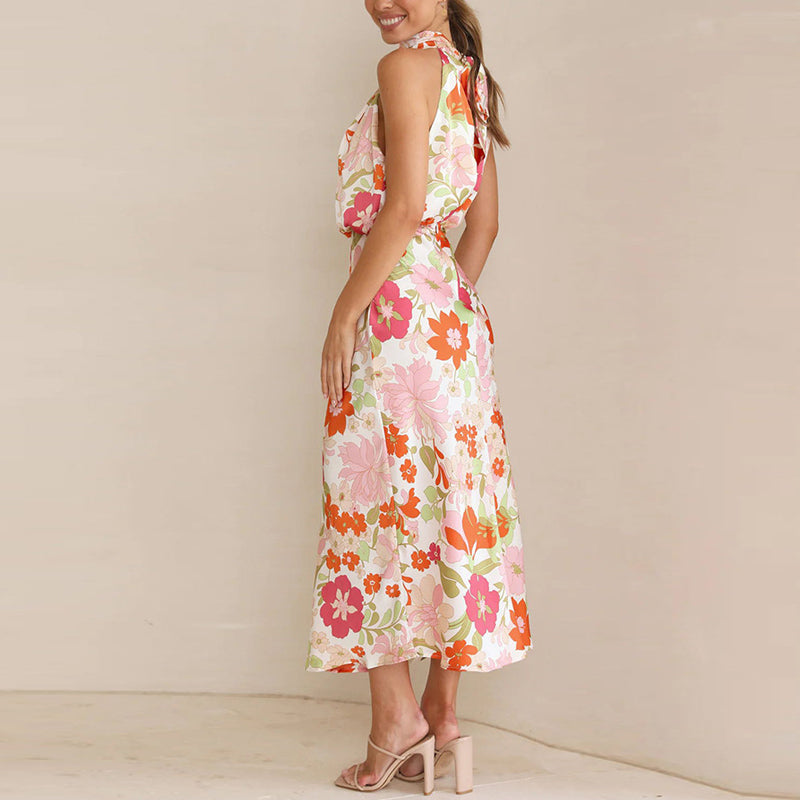 Sylvia - Elegante hochgeschlossen ärmellose bedruckte Maxikleid