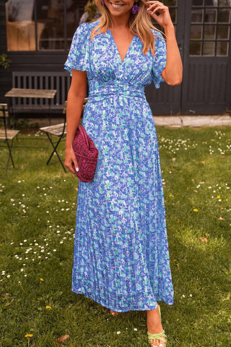 Audrey - Bedrucktes langes Kleid mit V-Ausschnitt