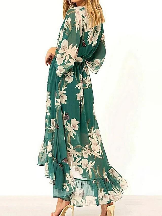 Astrid – Grüne 3/4-Ärmel und Maxikleid mit V-Ausschnitt