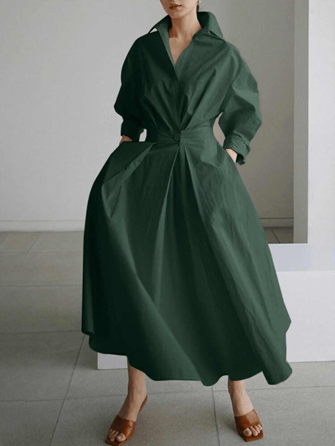 Ella - Retro Langarm-Maxikleid mit Taschen